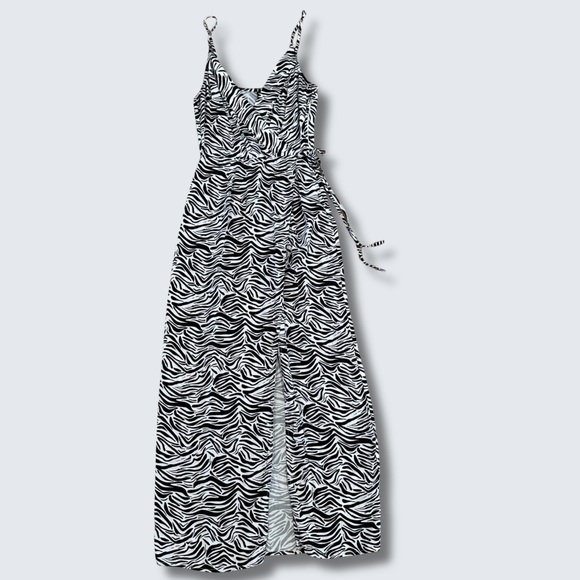 H&M Zebra Print Maxi Dress Side Slit Spaghetti Strap Size 4 Summer Grunge - Picture 2 of 8